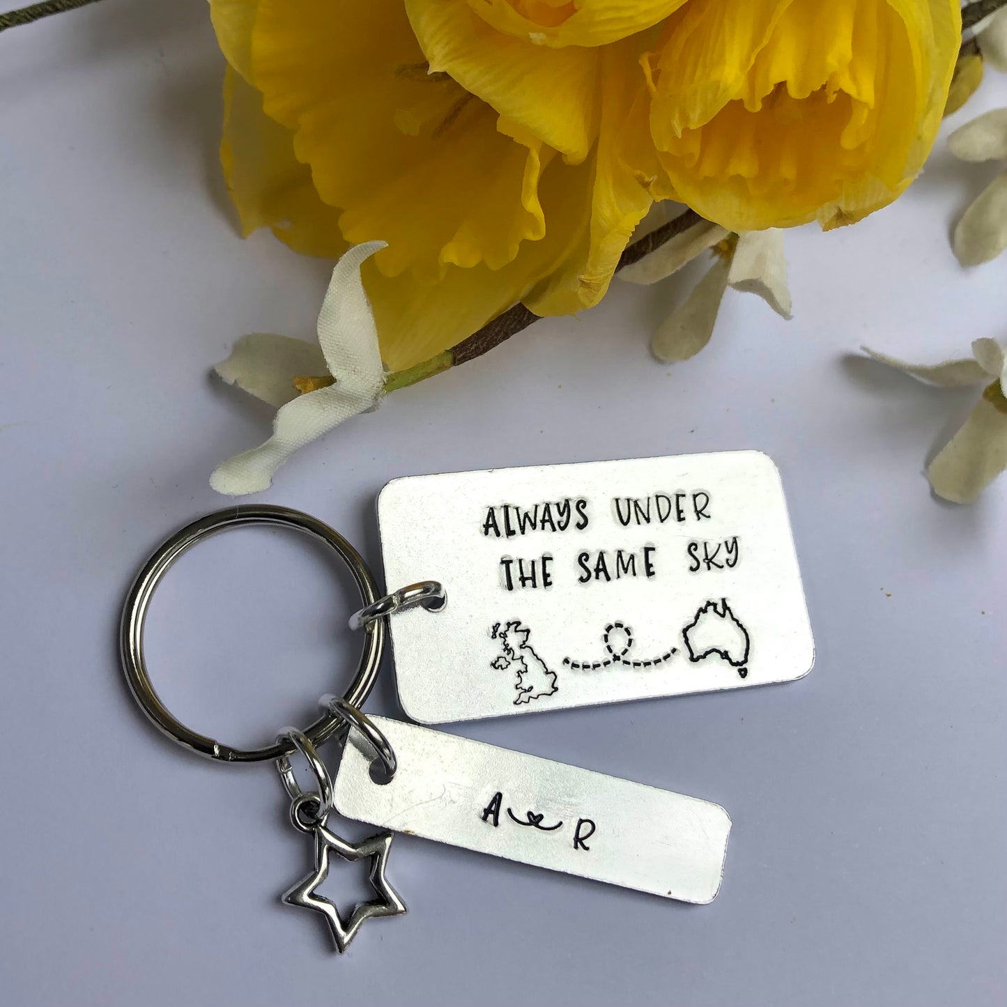 'Always under the same sky' keyring - UK / Australia