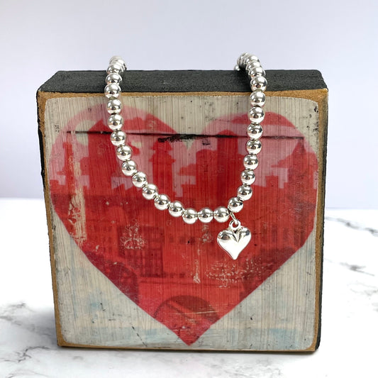 Sterling Silver Plated Beaded Bracelet with Silver Puff Heart Charm