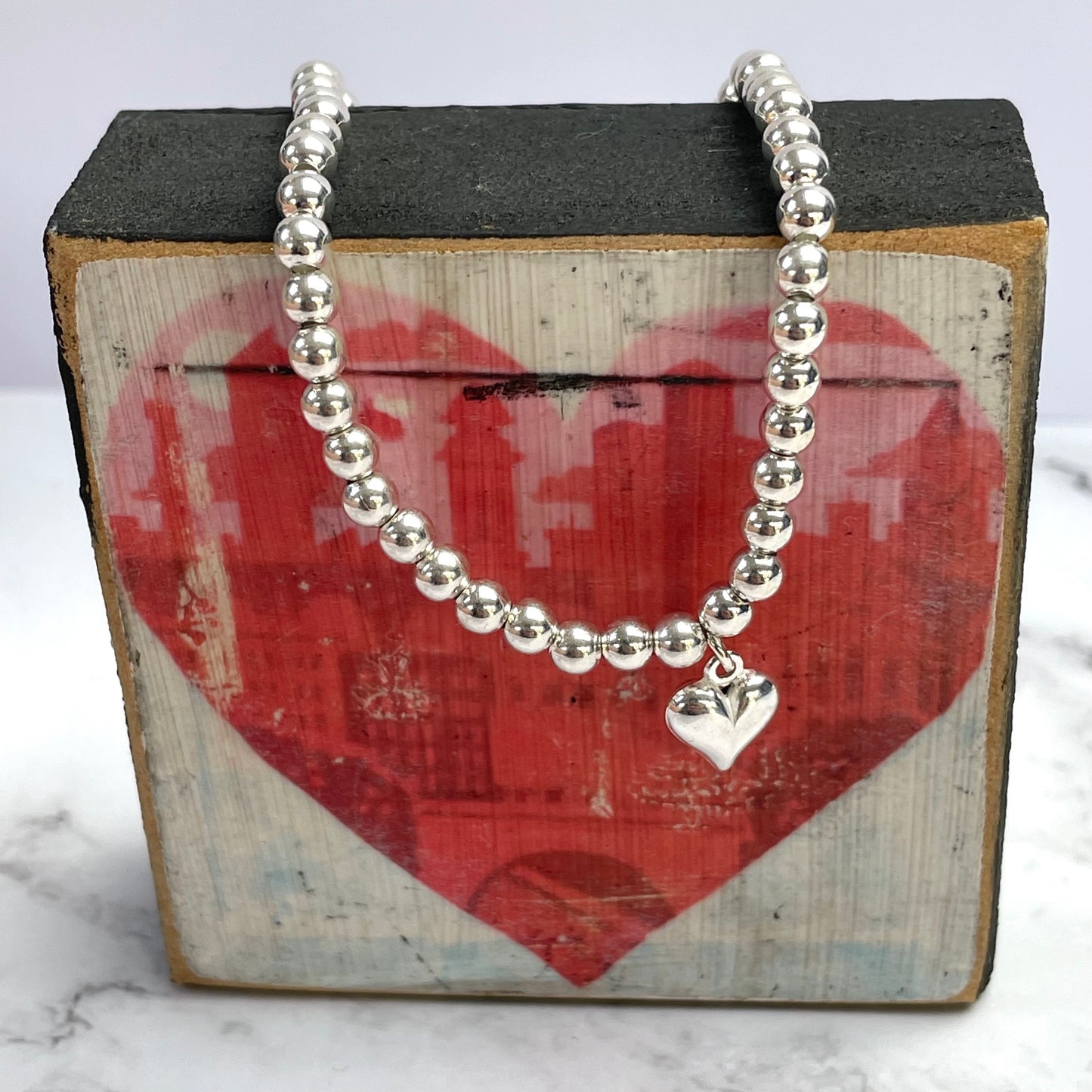 Sterling Silver Plated Beaded Bracelet with Silver Puff Heart Charm