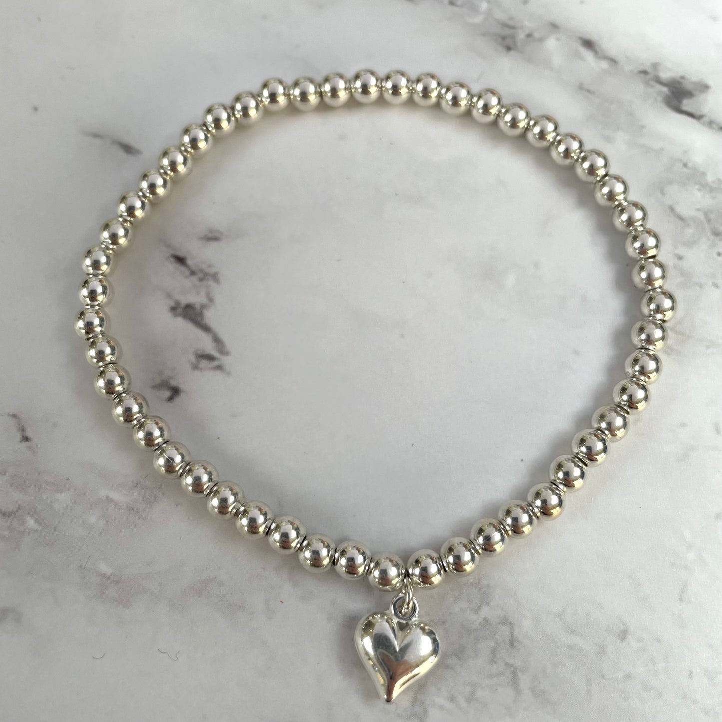 Sterling Silver Plated Beaded Bracelet with Silver Puff Heart Charm