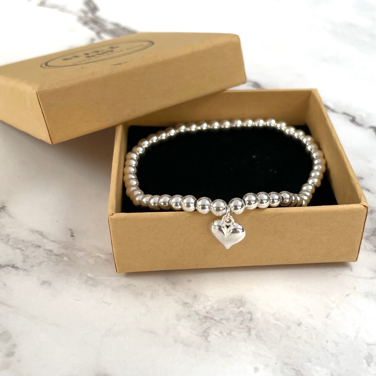 Sterling Silver Plated Beaded Bracelet with Silver Puff Heart Charm