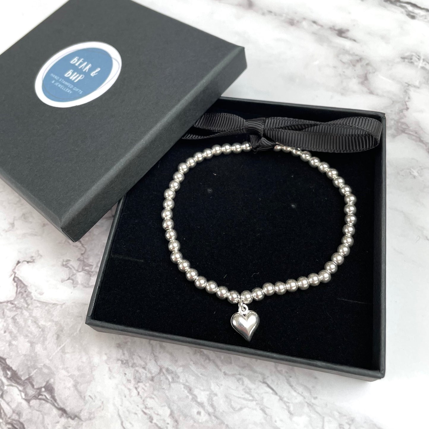 Sterling Silver Plated Beaded Bracelet with Silver Puff Heart Charm