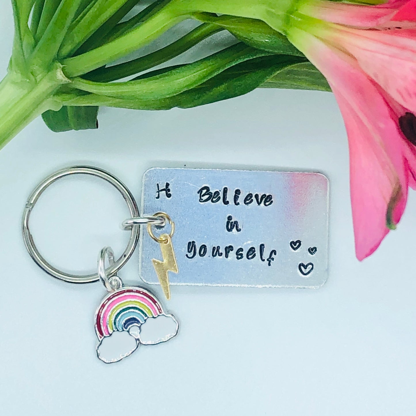 Personalised message keyring with charm