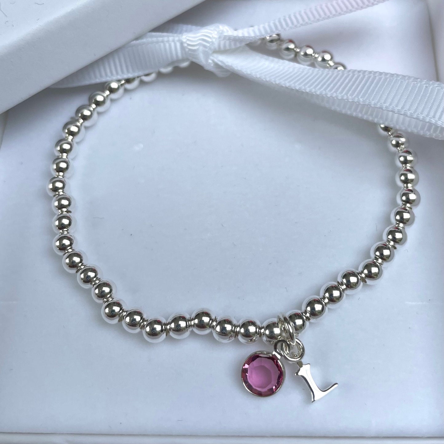 Birthstone silver bracelet, Personalised silver bracelet, initial silver elasticated beaded bracelet