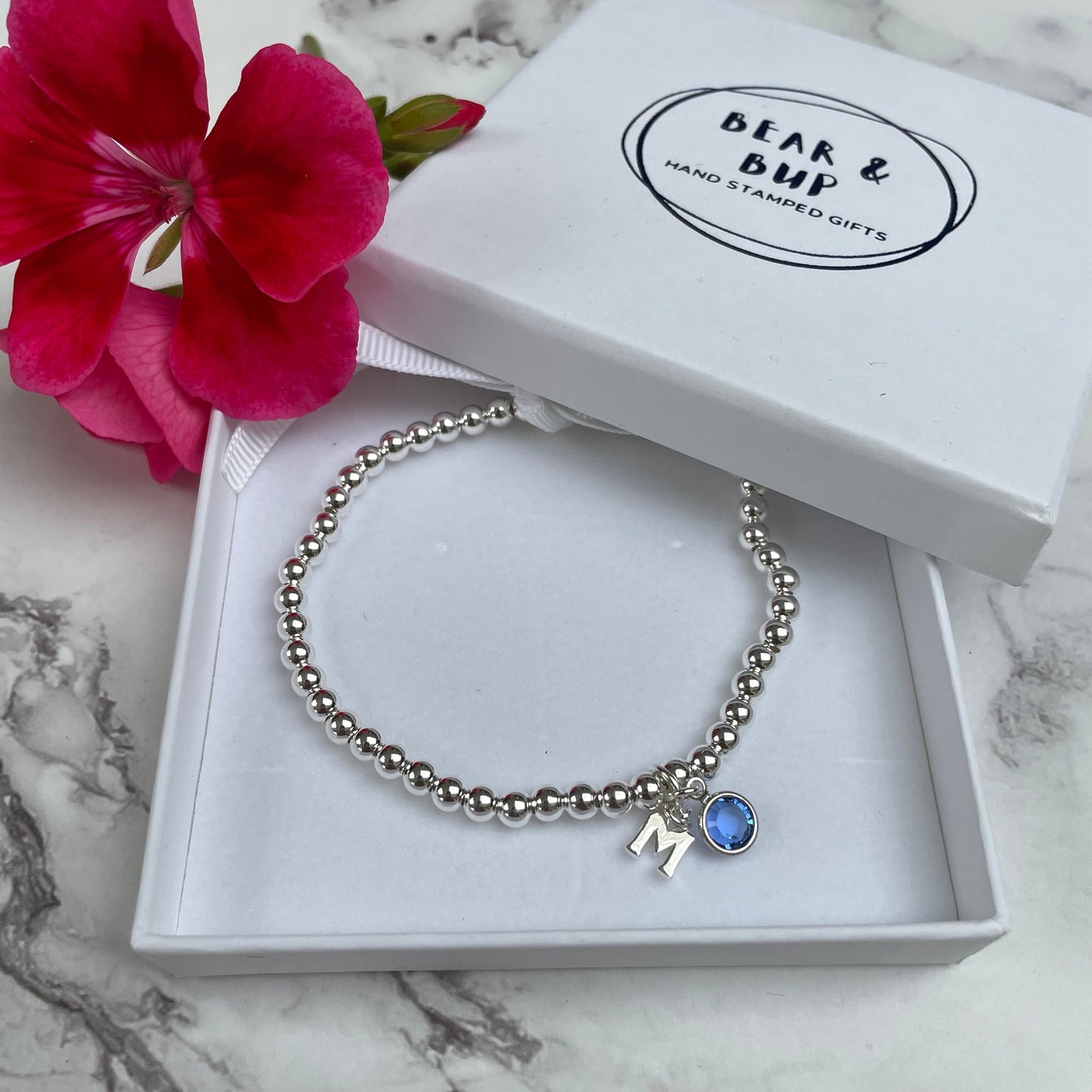 Birthstone silver bracelet, Personalised silver bracelet, initial silver elasticated beaded bracelet