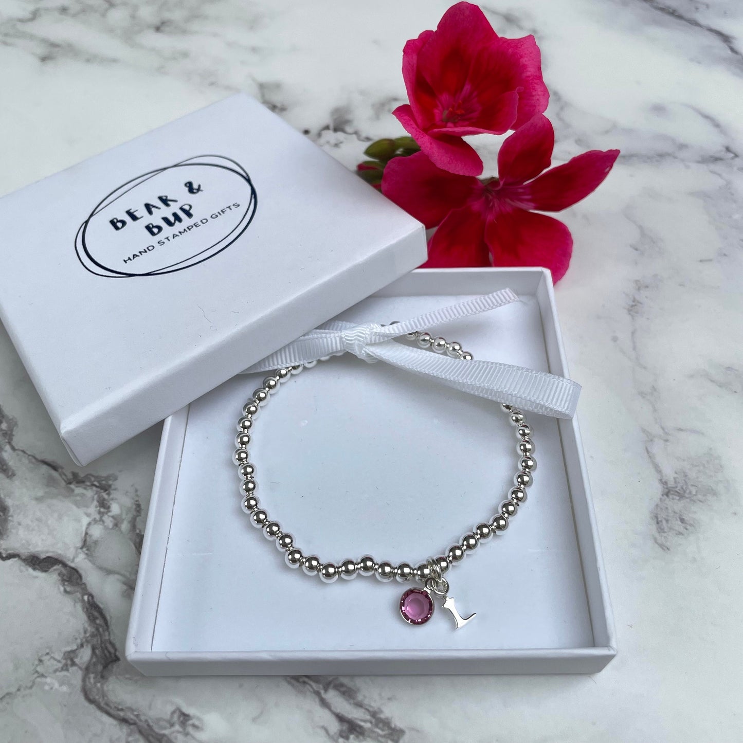 Birthstone silver bracelet, Personalised silver bracelet, initial silver elasticated beaded bracelet