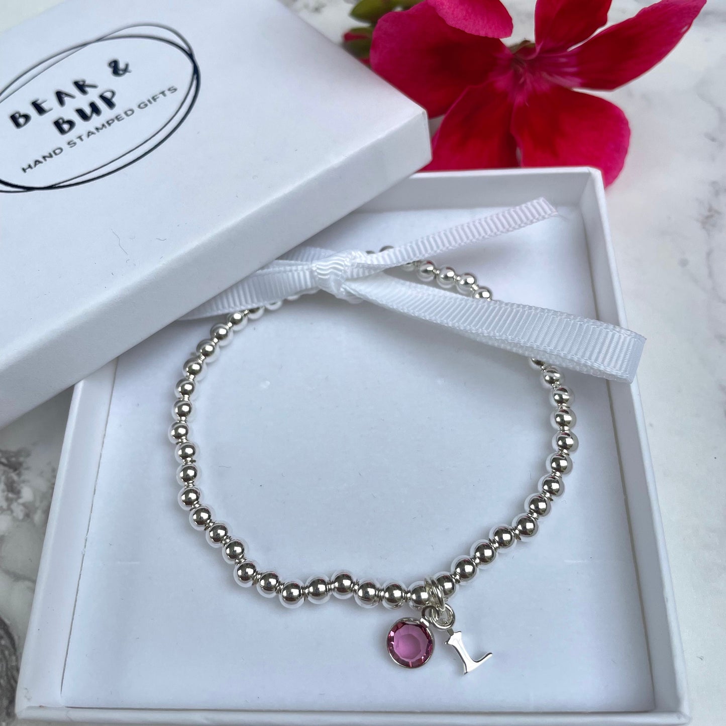 Birthstone silver bracelet, Personalised silver bracelet, initial silver elasticated beaded bracelet