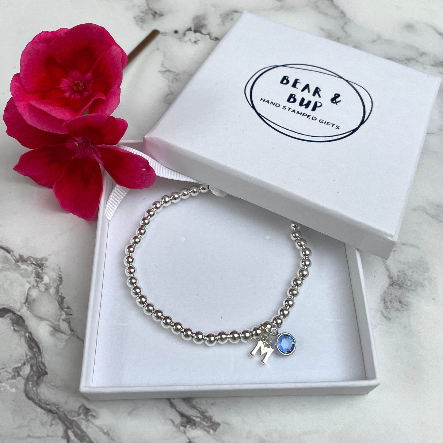 Birthstone silver bracelet, Personalised silver bracelet, initial silver elasticated beaded bracelet