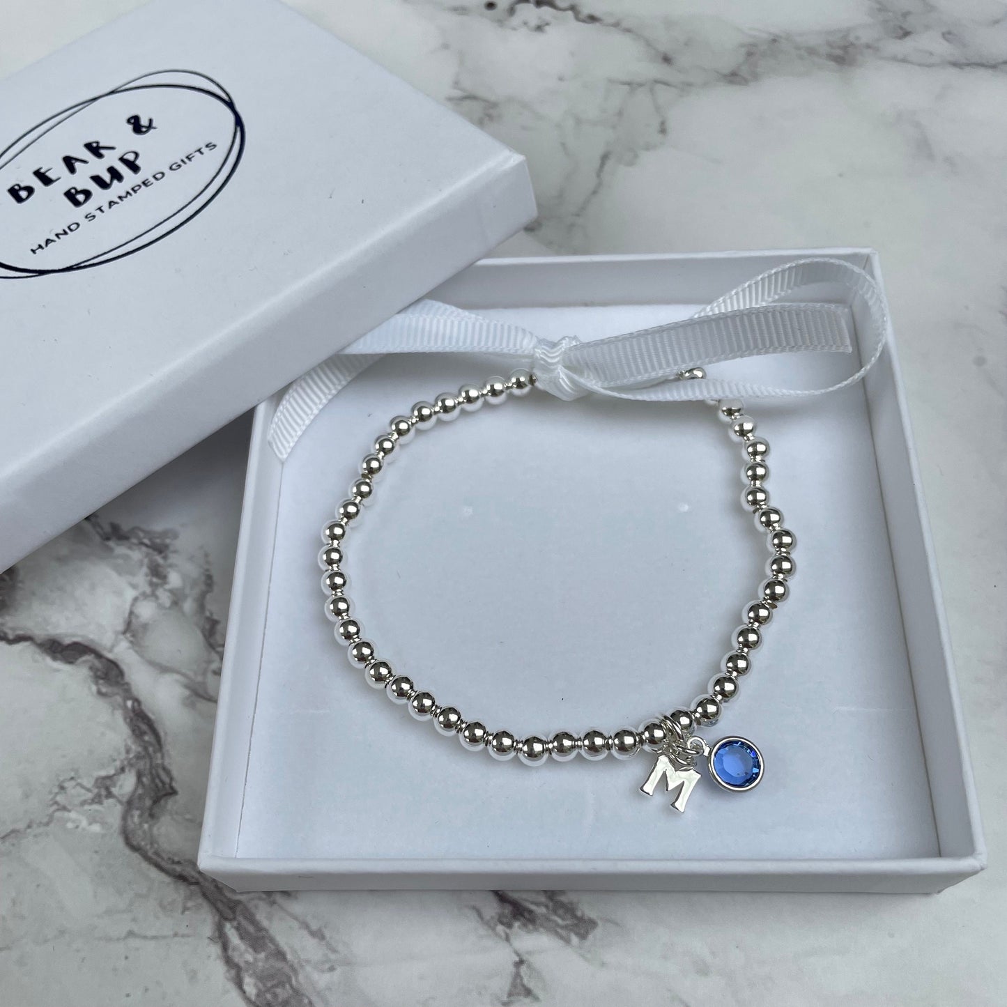 Birthstone silver bracelet, Personalised silver bracelet, initial silver elasticated beaded bracelet