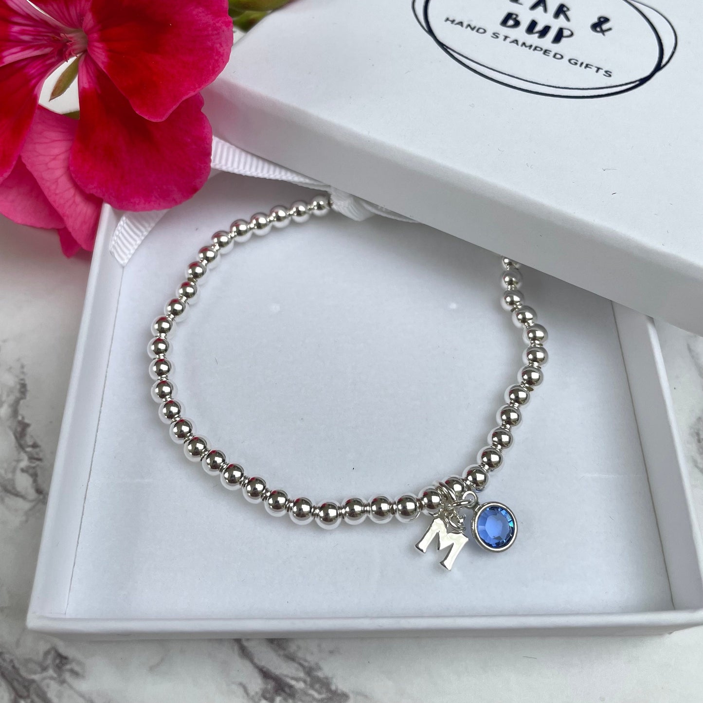 Birthstone silver bracelet, Personalised silver bracelet, initial silver elasticated beaded bracelet