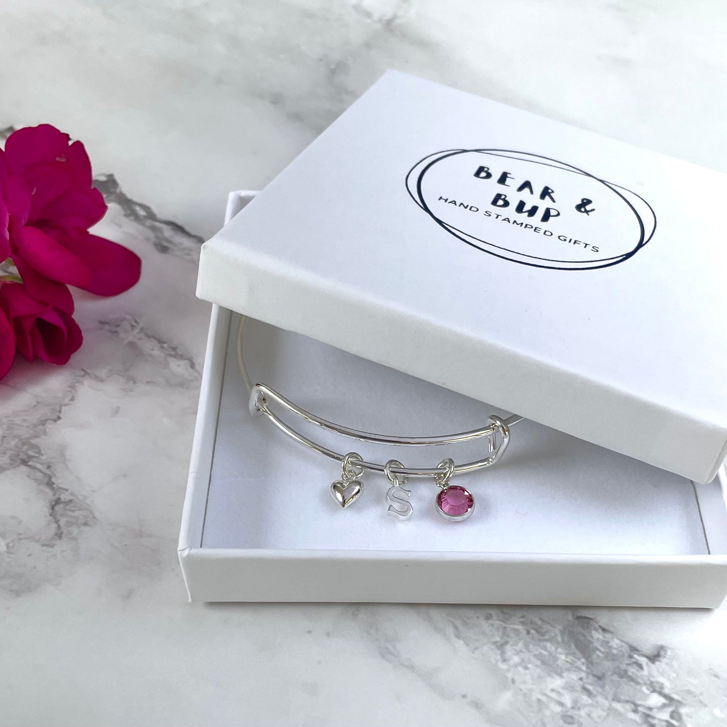 Silver-plated adjustable bangle with initial, birthstone and heart