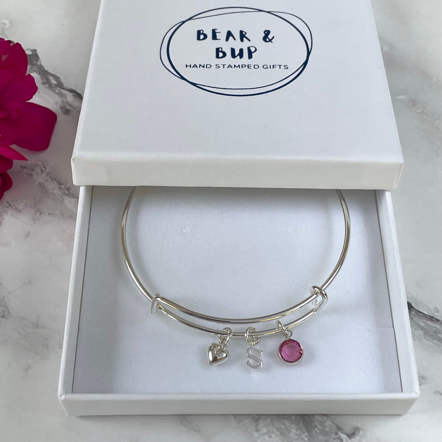 Silver-plated adjustable bangle with initial, birthstone and heart